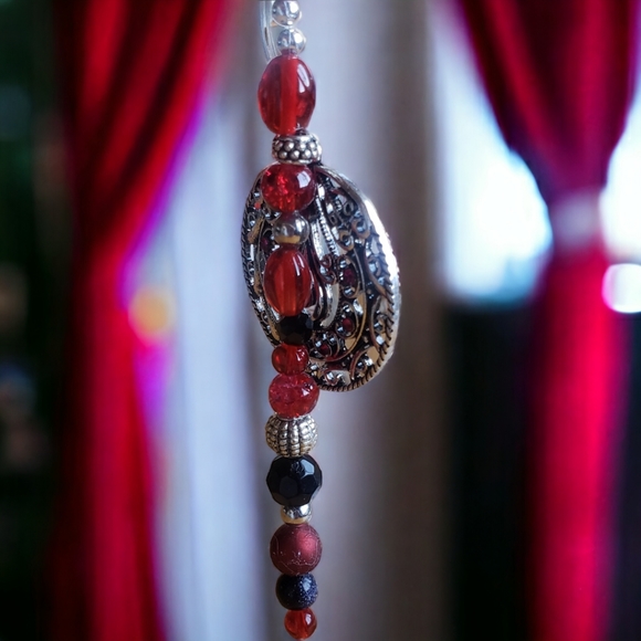 Red, Silver & Black Hand Crafted Beaded Keychain - Picture 4 of 8